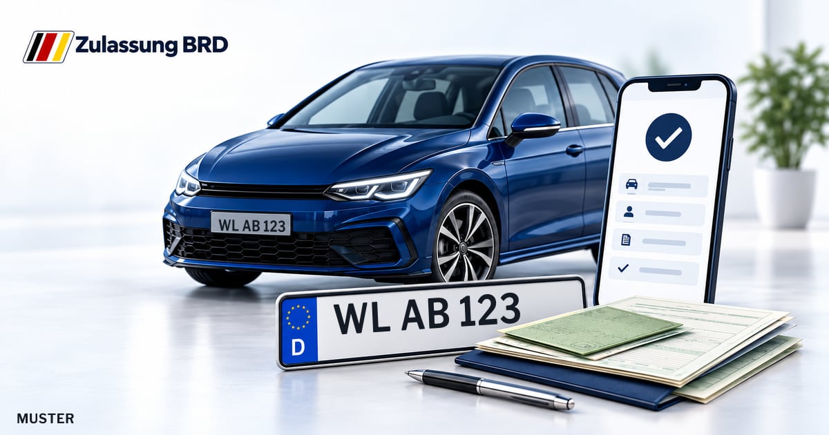Online Fahrzeugzulassung in Landkreis Harburg: Musterkennzeichen WL AB 123, Auto und Fahrzeugpapiere und Smartphone. Illustration mit Logo von Zulassung BRD.